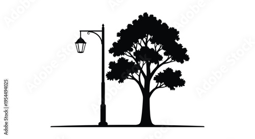A lone street lamp and leafy tree depicted in dark silhouette