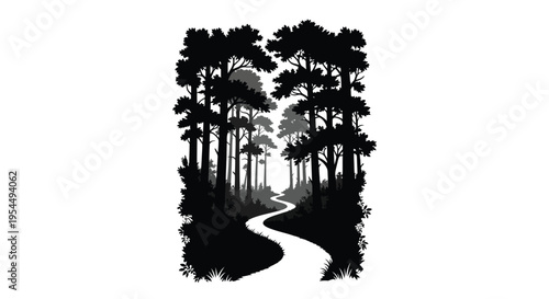 A winding path through a dense forest depicted as a silhouette