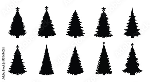 Collection of black christmas trees with stars a stark silhouette