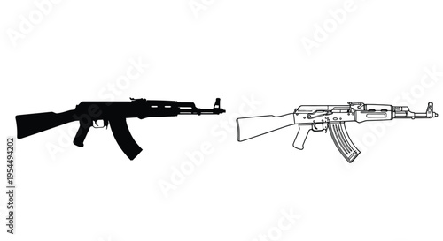 Detailed illustration of an ak 47 assault rifle in black silhouette
