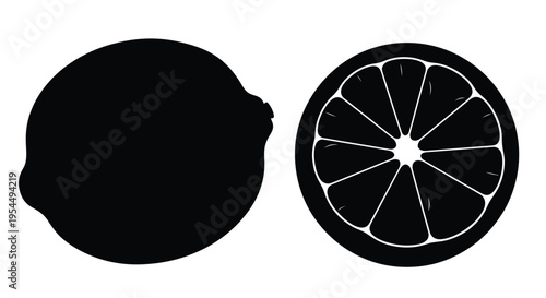Black silhouettes of a whole and halved citrus fruit silhouette
