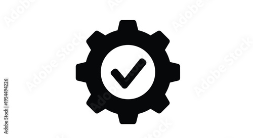 A black gear with a white checkmark inside a striking silhouette