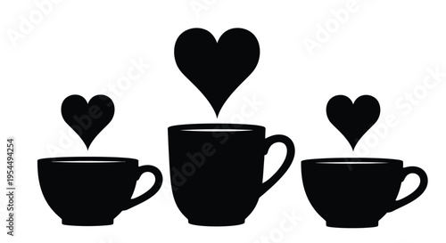 Three coffee cups with heart shaped steam a loving beverage silhouette