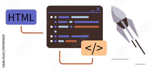 Web development, coding education, programming concepts, technology innovation, software creation, and IT services. HTML and code lines with a rocket icon. Web development and coding education
