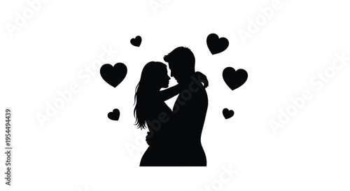 Couple embracing affectionately with hearts floating around a striking silhouette