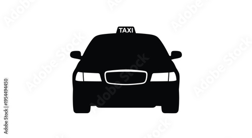 Front view of a black taxi cab against white background silhouette