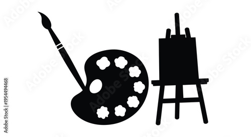 Art supplies including a palette brush and easel silhouette