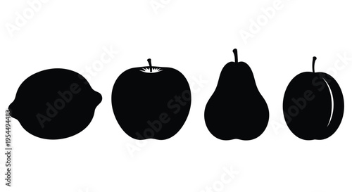 Four fruits displayed in stark black silhouettes