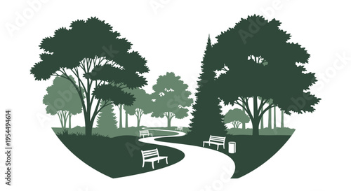 Green park landscape with winding path and benches a dark silhouette