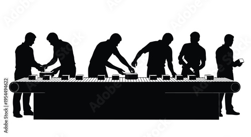 Workers along a conveyor belt in a stark black silhouette