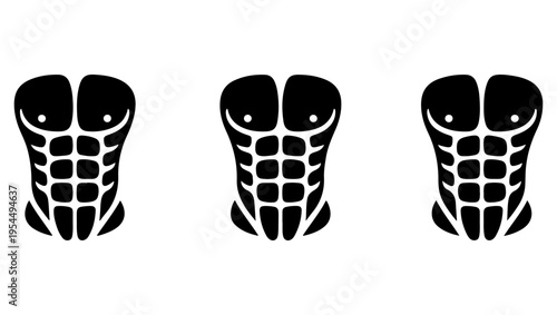 Three black and white illustrations depicting defined abdominal muscles in a row