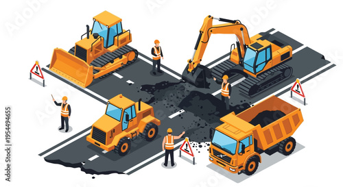 Construction site with heavy machinery and workers isometric illustration silhouette
