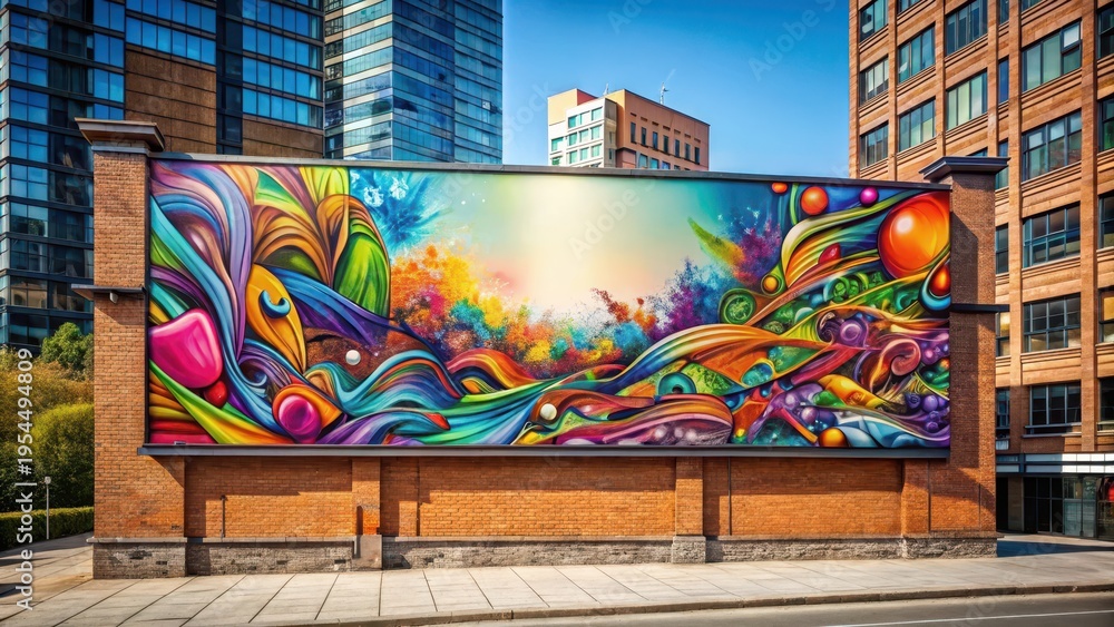 Obraz premium Colorful mockup of a horizontal outdoor billboard on the top wall of a building with abstract graffiti and street art elements, street art, modern design