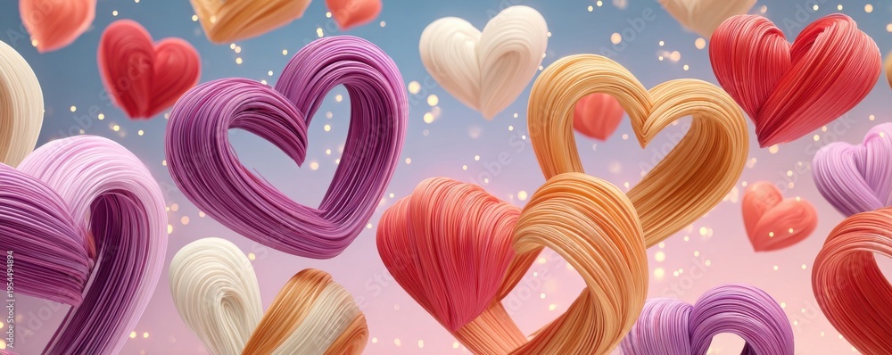 Fototapeta premium Purple and pastel fiber-like hearts forming romantic abstract background with glowing festive lights
