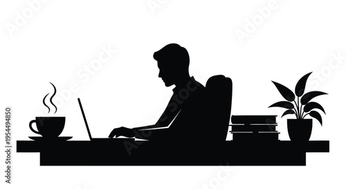 Silhouette of a man freelancing at a desk with coffee and a plant