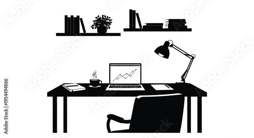 A minimalist workspace illustration featuring a laptop lamp and books on shelves