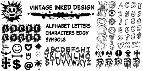 Vintage inked design featuring skull alphabet symbols and edgy characters
