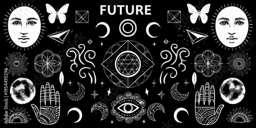 Mystical illustration featuring faces butterflies and celestial symbols in white