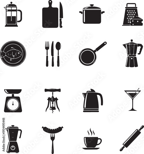 Kitchen related utensils and appliances silhouette icons vector set