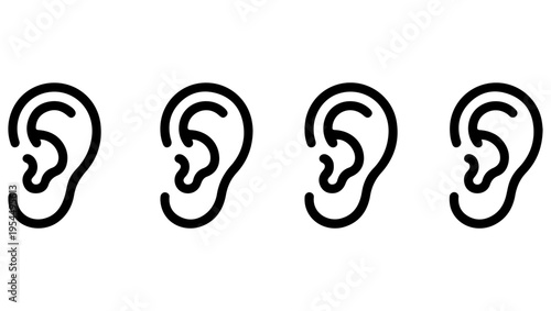 Four simple line drawing illustrations of human ears in a row