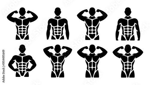 Diverse male physique silhouettes showcasing muscular builds and fitness postures