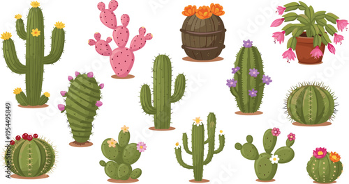 Cactus and Succulent Plant Collection with Flowering, Barrel, Barrel, Potted, and Desert Varieties Cartoon Vector Set for Nature, Garden, and Kids Designs