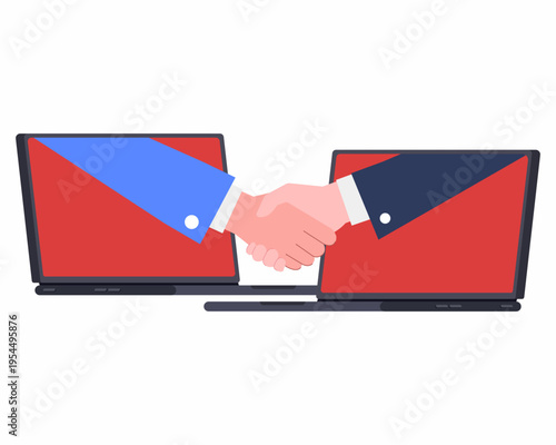 Online business deal shake hands each other through computer digital successful negotiations