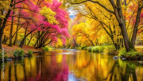 Serene tree-lined stream with vibrant yellow and pink foliage surrounding tranquil waters , Pink Trees