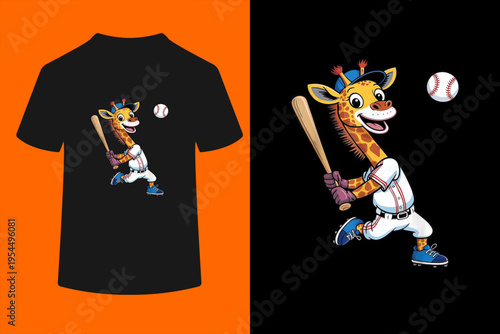 Giraffe Playing Baseball Boys Girls Kids Giraffe Animal T-Shirt
