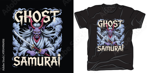 Ghost samurai demon character vector illustration for apparel and graphic print
