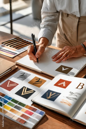 Designer sketching logo options and color palettes in a creative branding workspace at desk