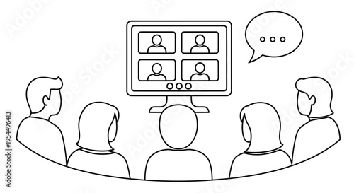 Group of people participating in a video conference call on a monitor