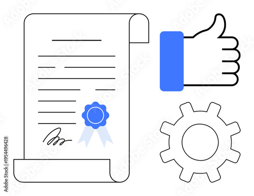 Certification concept. Certification ed by a document with a ribbon badge, gear icon, and thumbs-up symbol. Certification processes, validation, approval workflows, and trust. For business