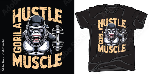 Gorilla with cap and dumbbell illustration for t-shirt design black