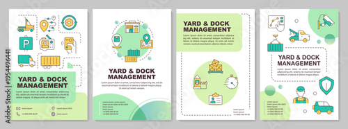 Yard and dock management green circle brochure layout. Cargo transpiration. Leaflet advertising design with color line icons. Editable 4 pages. Arial-Bold, Myriad Pro-Regular fonts used