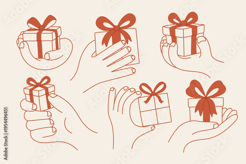 Set of hand drawn doodle hands holding gift boxes. Minimalist sketchy line art in warm neutral palette. Concept of giving, care, celebration and holiday presents.