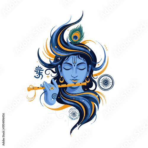 Lord Krishna Divine Illustration with Flute and Peacock Feather