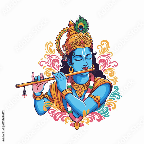 Divine Hindu Deity Lord Krishna Playing Flute Illustration