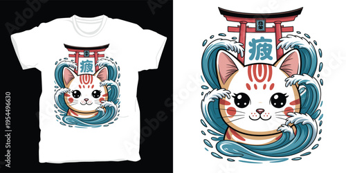 Kawaii cat under torii gate with ocean waves japanese style vector t-shirt design