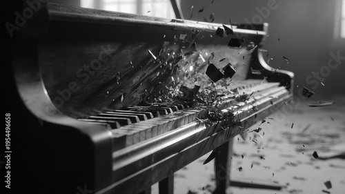 smashed piano in black and white. Macro image