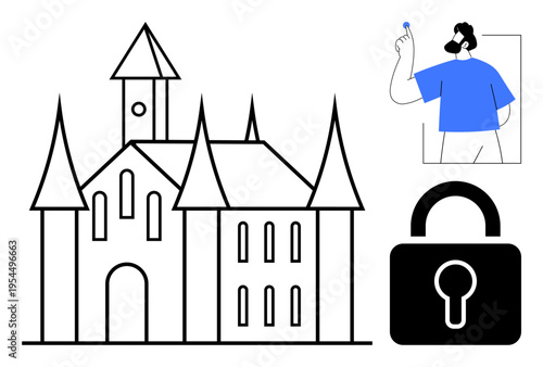 Cybersecurity, data protection, historical landmarks, key authentication, access control, visual concepts. Castle style building, person holding key lock symbol. Cybersecurity and access control