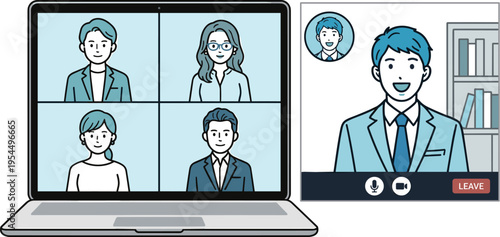 オンライン面接を行うビデオ通話画面のビジネスイラスト