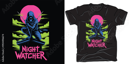 Ninja assassin crouching on roof against neon moon background