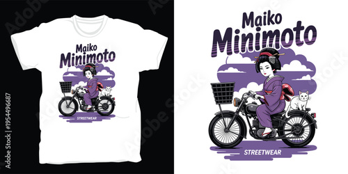 Maiko on motorcycle illustration, Japanese girl with cat vector art for streetwear design