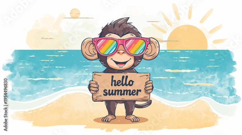 A cheerful cartoon monkey wearing oversized pink sunglasses with rainbow lenses, standing on a sunny beach and holding a 'hello summer' sign