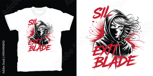 Ninja girl with sword illustration for t-shirt design with red accents