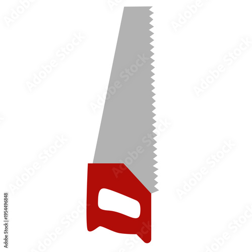 Red hand saw icon for carpentry work, labor day, construction tools, cutting wood, skilled trades, professional equipment, building projects, or celebrating workers and craftsmanship in construction