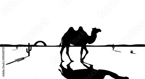 Minimalist Black and White Silhouette of Camel in Desert Landscape