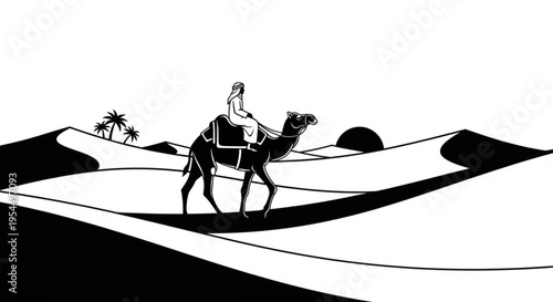 Black and White Vector Illustration of Arab Man Leading Dromedary Camel Through Desert