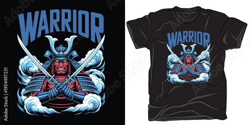 Samurai warrior holding two katanas surrounded by smoke clouds dark background